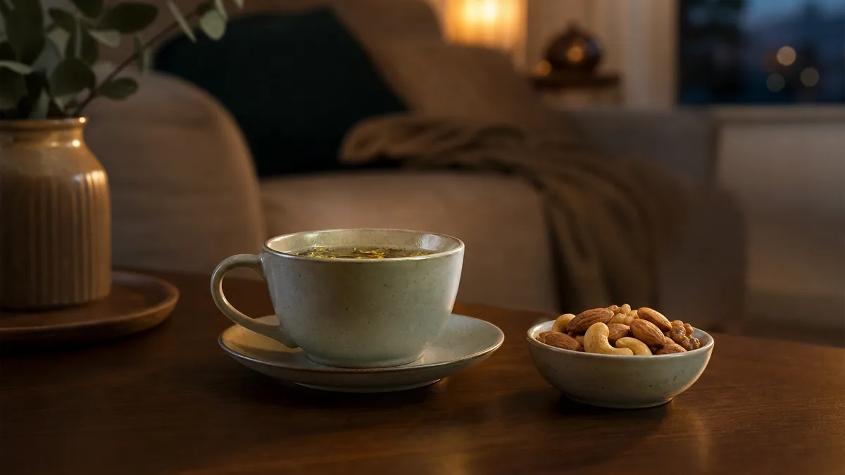 Person greift abends vor dem Fernseher zu Snacks