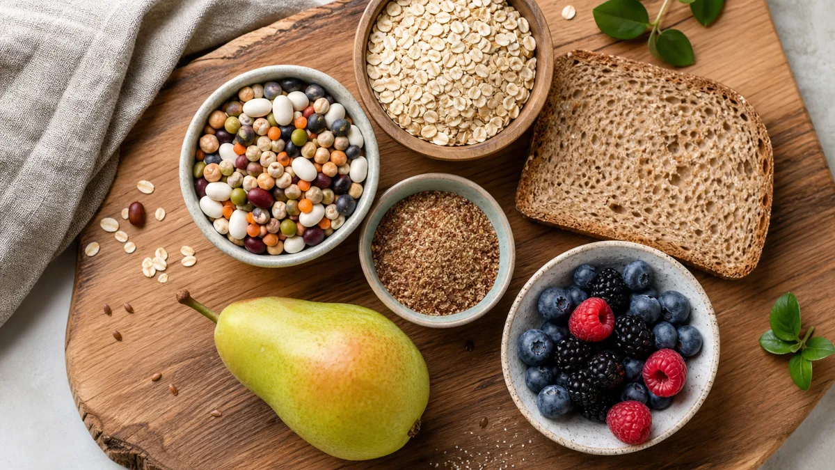 Ballaststoffreiche Lebensmittel wie Vollkornbrot, Haferflocken, Linsen, Nüsse und Beeren auf einem Holztisch