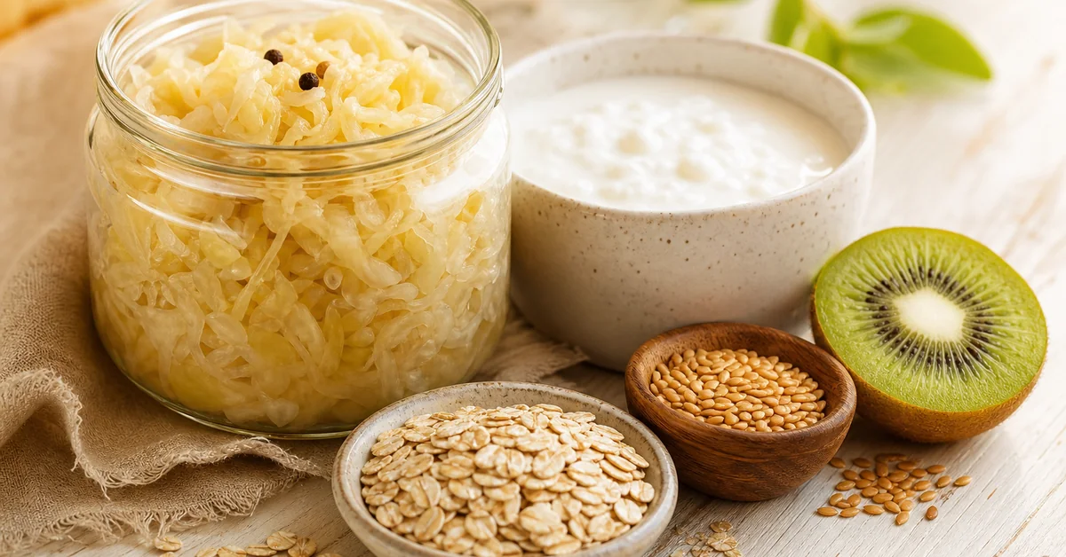 Darmfreundliche Lebensmittel wie Joghurt und Gemüse