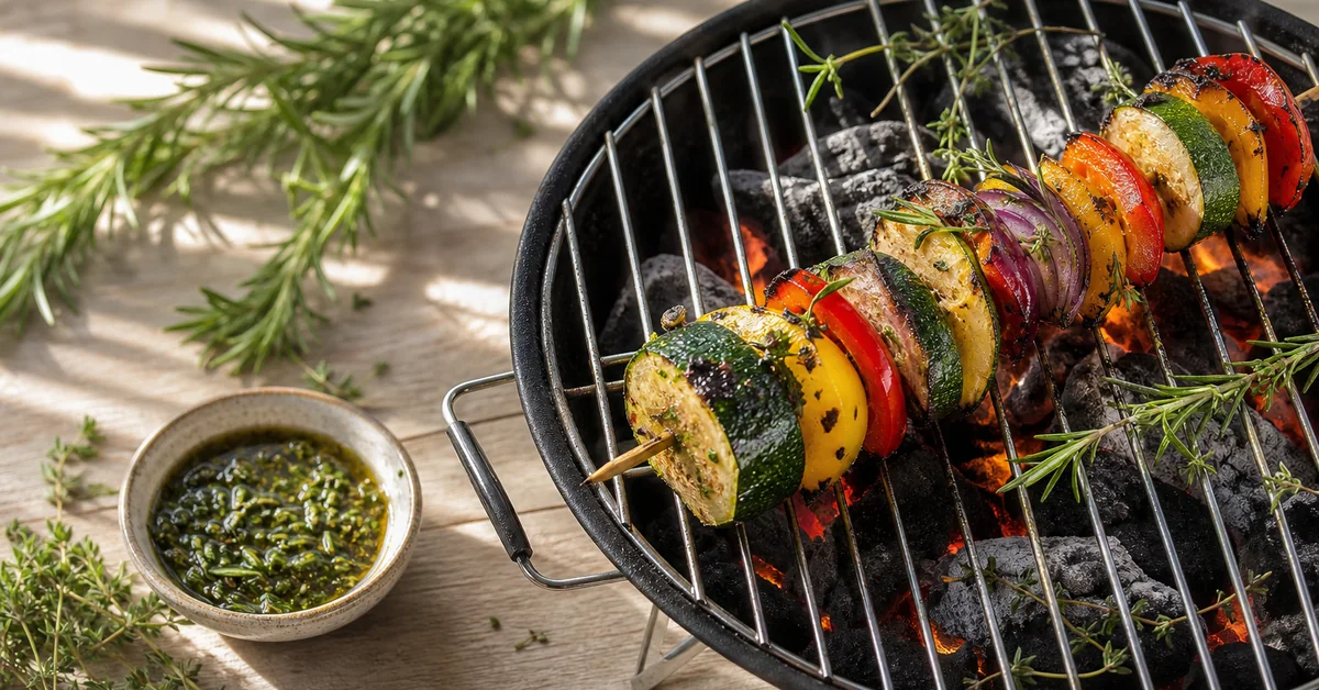 Gesund grillen: Gemüse und mariniertes Grillgut auf dem Grill