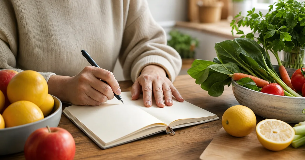 Wochenplan mit frischem Gemüse, Obst und Vollkornprodukten auf einem hellen Küchentisch