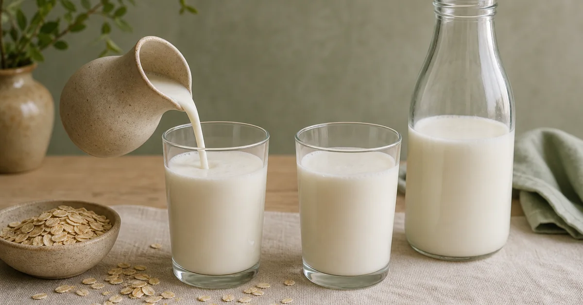 Hafermilch und Kuhmilch nebeneinander im Glas