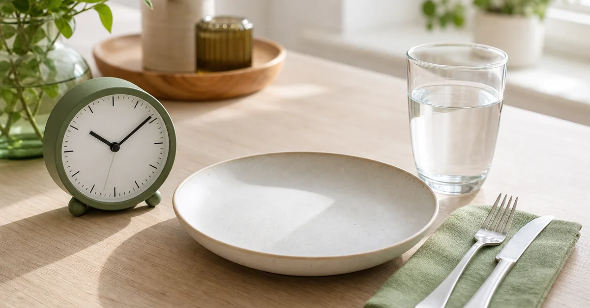 Intervallfasten 16:8: Uhr und Teller symbolisieren Essenspausen