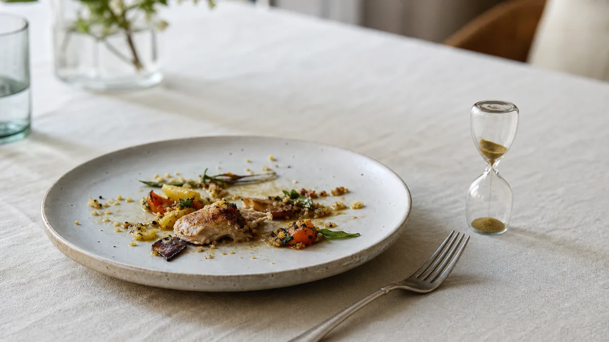 Person legt beim Essen Messer und Gabel neben den Teller und macht eine bewusste Pause