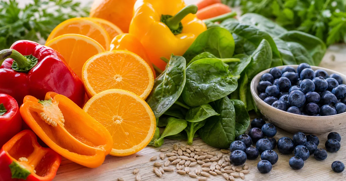 Buntes Obst und Gemüse als Vitaminquellen
