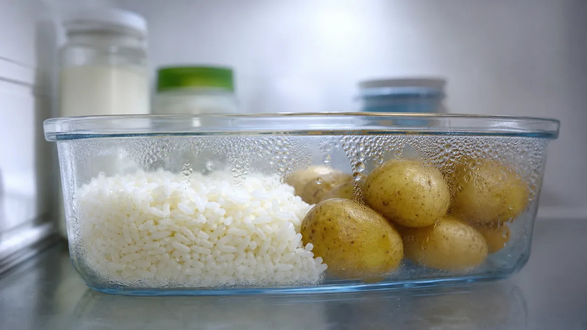 Kartoffelsalat, gekühlter Reis und Nudeln vom Vortag in Schüsseln auf einem hellen Küchentisch