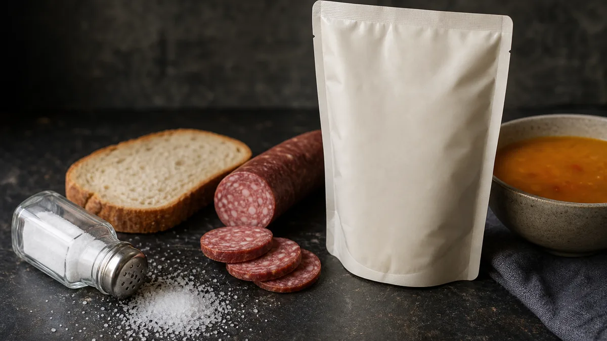 Brot, Wurst, Käse und ein Salzstreuer auf einem Küchentisch, daneben frische Kräuter und Zitrone als salzarme Würzalternative