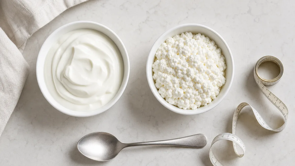 Zwei Schalen mit Skyr und Magerquark nebeneinander auf einem hellen Küchentisch, daneben frische Beeren und ein Löffel