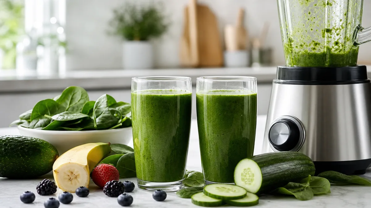 Grüner Smoothie im Glas mit Obst und Gemüse
