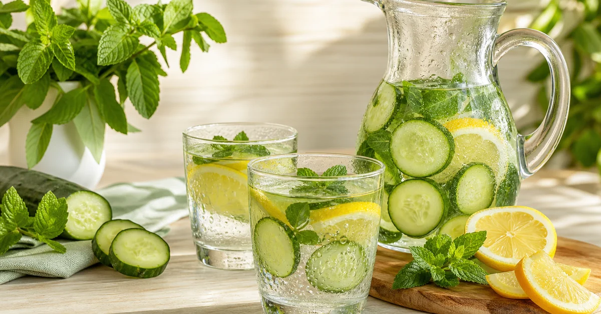 Glas und Karaffe Wasser mit Minze und Zitrone