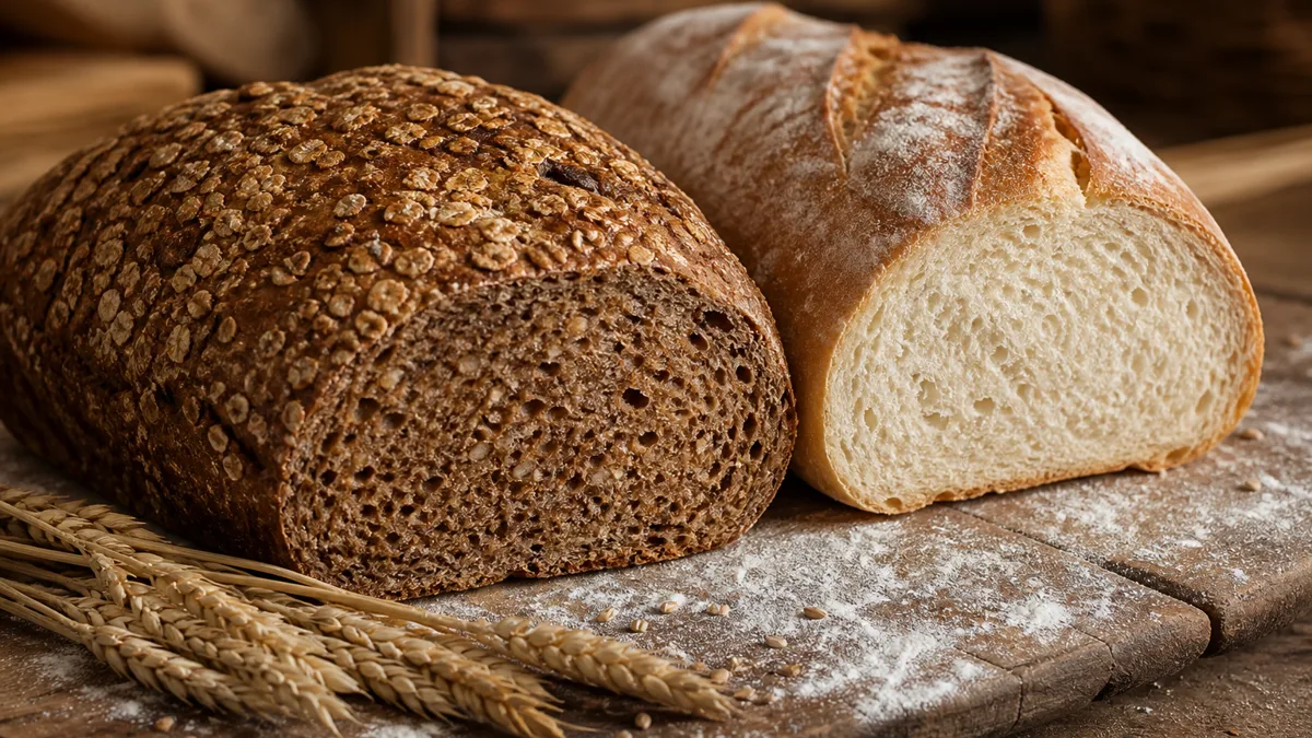Angeschnittenes dunkles Vollkornbrot mit sichtbaren Körnern neben hellen Weissbrotscheiben auf einem Holzbrett