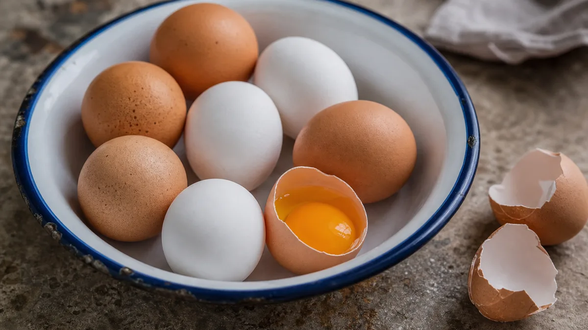 Frische Eier in einer Schale auf einem Küchentisch
